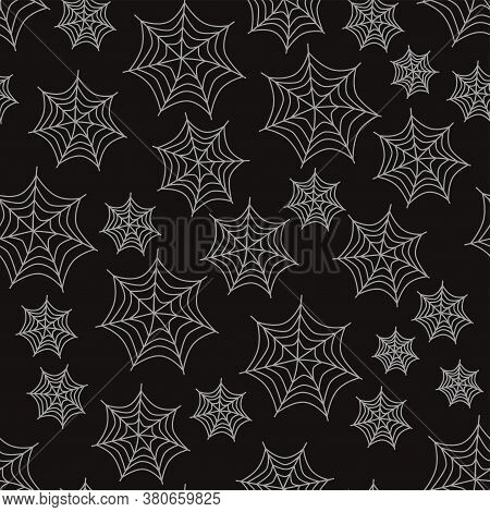 Halloween Seamless Pattern White Spiderwebs On A Black Background. Halloween Design
