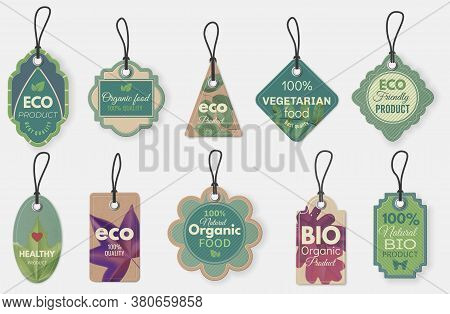 Eco Label. Natural Organic Cardboard Labels With Ropes, Vintage Eco Tags For Promotion Flyers Or Cer