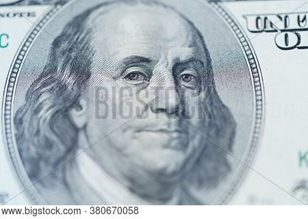 Fragment Of 100 Dollar Bill. Close Up Of American Currency. Us Dollar Background.. Macro Shot. High 
