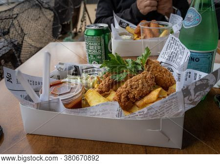 Hundested, Denmark - August 2, 2020: Fish And Chips Served In One Of The Restaurants In The Marina. 