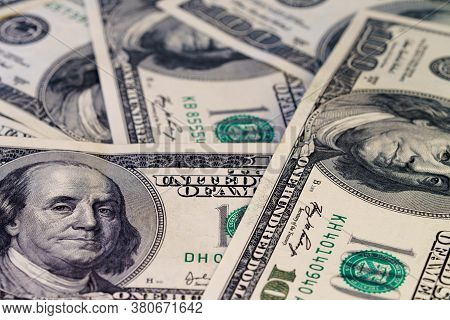 Fragment Of 100 Dollar Bill. Close Up Of American Currency. Us Dollar Background.. Macro Shot. High 