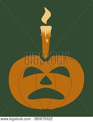Halloween Evil Pumpkin Candlestick On Green Background. Vector Illustration