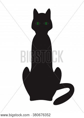 Vector Illustration Black Cat Silhouette On A White Background. Green Eyes. Halloween Cat.