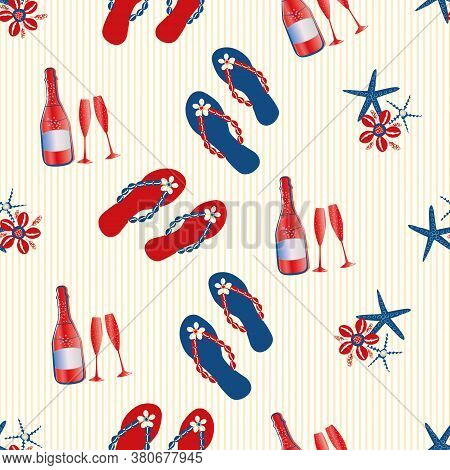 Vector Champagne Bubbles And Flip Flop Shoe Seamless Pattern Background. Prosecco Bottles, Fizzing G
