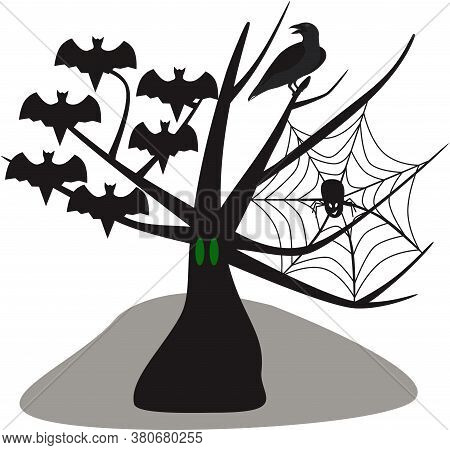 Halloween Tree Vector Illustration On A White Background. Green Eyes. Bats, Rover And Spider On The 