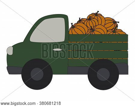 Halloween Vector Illustration Truck And Pumpkins On White Background. Education Card For Children