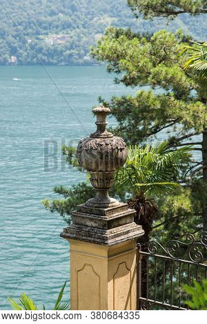 Villa Balbianello. Lake Como. Italy - July 19, 2019: Stone Vase in the Park of Villa del Balbianello. Lake Como. Italy.