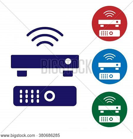 Blue Wireless Multimedia And Tv Box Receiver And Player With Remote Controller Icon Isolated On Whit