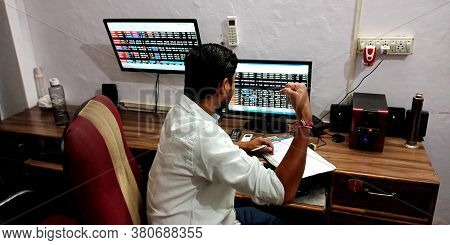District Katni, Madhya Pradesh, India - August 01, 2019: An Excited Man In Front Of The Lcd Monitor 