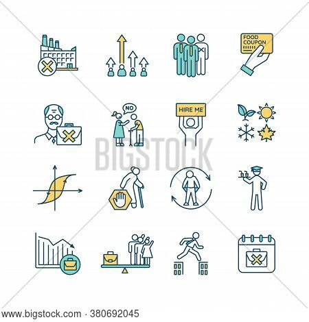 Unemployment Rgb Color Icons Set. Employment Problem. Social Issue Due To Financial Crisis. Seasonal