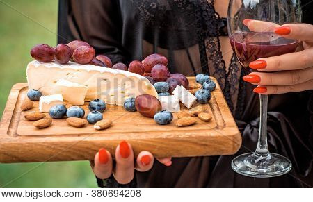 Set Of Elite Delicious Food, Brie Cheese, Grape, Migdal And Blueberry