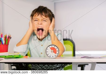 Sad Screaming Autistic Boy Portrait Close Ears Using Hands During Exercise Aba Therapy Class With Le