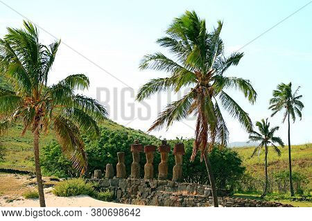 Amazing Ruins Of Ahu Nau Nau Archaeological Site On The Anakena Beach As Seen From The Back, Easter 