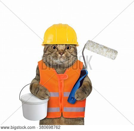 The Beige Cat Worker In A Vest, A Helmet And Boots Is Holding A Roller Brush And A Plastic Tin Of Pa
