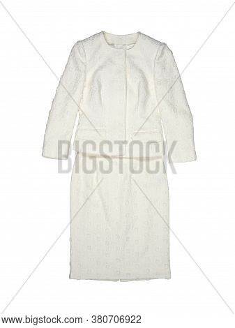 White Wool Skirt Jacket With Floral Ornanent Isolated On White. Flat Lay