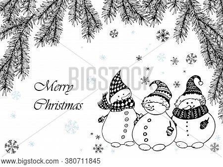 Vintage Christmas Card With Snowmen And Fir Branches. Black And White Vector Doodle Illustration.