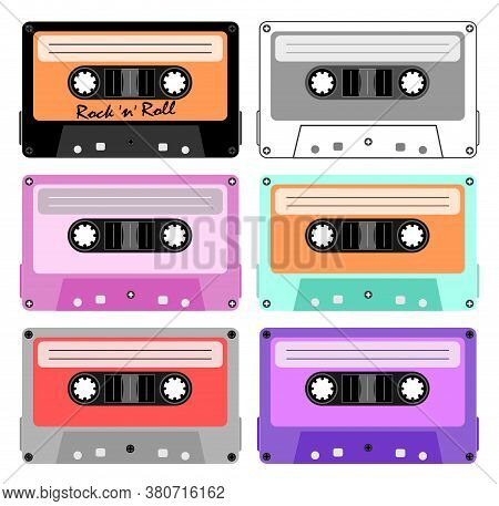 Illustration of Retro music set cassette tapes. Antique stereo audio vintage mix rock