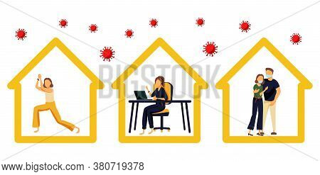 Stay Home Concept. Girl Doing Meditation, Mansiting In A Chair Working Online At Home, Young Couple.