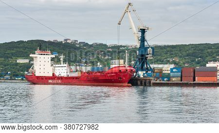 Panoramic View Of Russian Cargo Ship Sasco Angara Sakhalin Shipping Company At Pier Commercial Conta