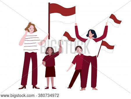 Women And Children Holding Indonesian Flag Show Spirit Of Independence With Flat Cartoon Style