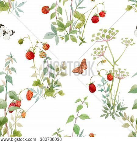 Beautiful Vector Seamless Floral Pattern With Watercolor Forest Plants And Berries. Stock Illustrati