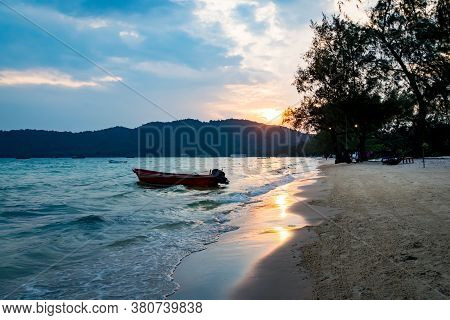 Take Wate Craft For Rent On Summer Vacation Tour. Rental Motor Boat Travel In The Sea At Sunset. Bea