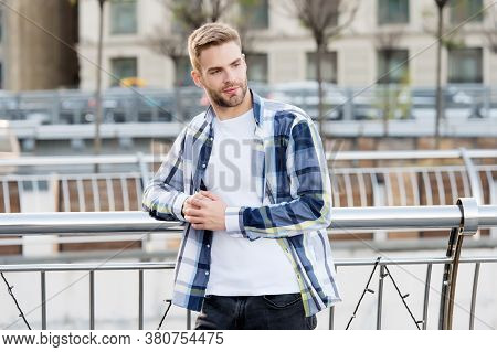 Stylish, Cool And Contemporary. Confident Man Lean On Railing Urban Outdoors. Fashionable Style. Cas