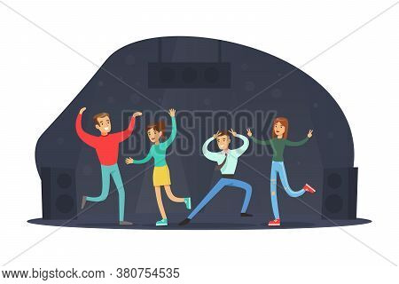 Happy Friends Dancing At Party. Young Men And Women Spending Time Together At Night Concept Cartoon 