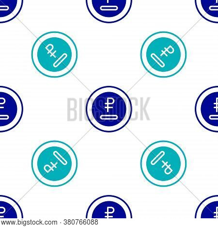 Blue Rouble, Ruble Currency Coin Icon Isolated Seamless Pattern On White Background. Russian Symbol.
