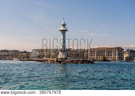 Geneva, Switzerland - April 14, 2019: Lighthouse At Leman Lake (lac Leman), Geneva, Switzerland - Im