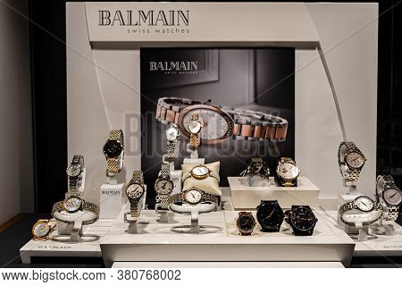 Geneva, Switzerland - April 14, 2019:  Balmain Brand Watches. Balmain Luxury Watches At Showcase For