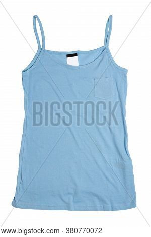 Sleeveless Shirt Isolated. Close-up Of A Female Blue Summer Shirt Or T-shirt With Spaghetty Straps I