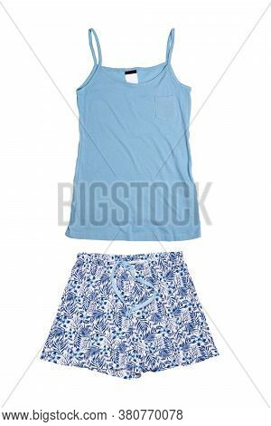 Night Gown Isolated. Close-up Of Blue Female Cotton Sexy Nightwear Summer Set Of Shorts And A Top Wi