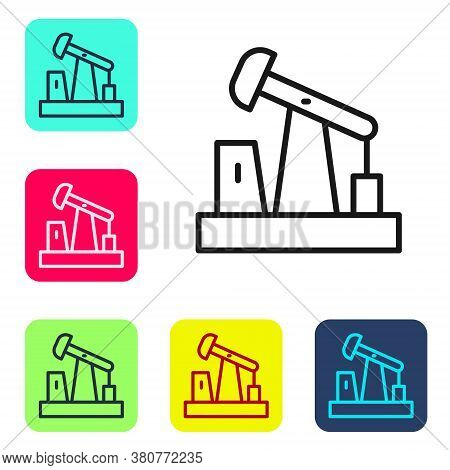 Black Line Oil Pump Or Pump Jack Icon Isolated On White Background. Oil Rig. Set Icons In Color Squa