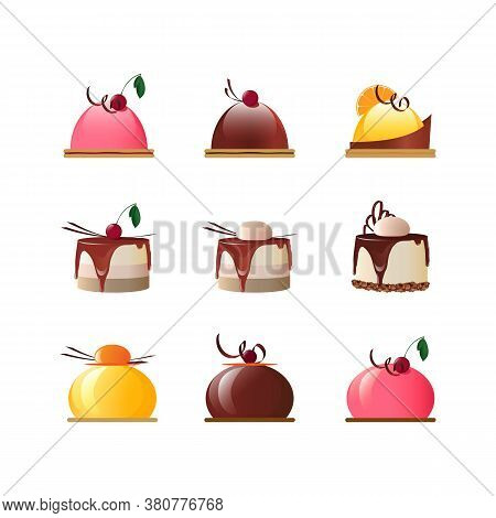 The Set Consists Of Chocolate And Fruit Mousse Mini Cakes