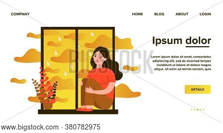 Sad Unhappy Girl Crying At Home. Depressed Young Woman Sitting On Window Sill, Embracing Knees. Vect