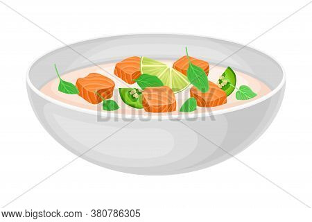 Creamy Soup With Salmon Slabs And Potherbs As Seafood Dish Vector Illustration