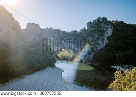 Ardeche France, View Of Narural Arch In Vallon Pont Darc In Ardeche Canyon In France