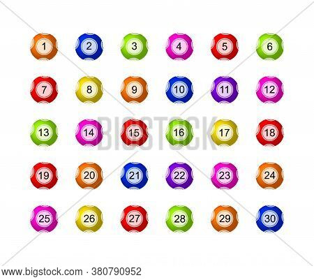 Vector Set Of Colorful Lottery Balls Isolated On White Background, Different Numbers And Colors, Ico