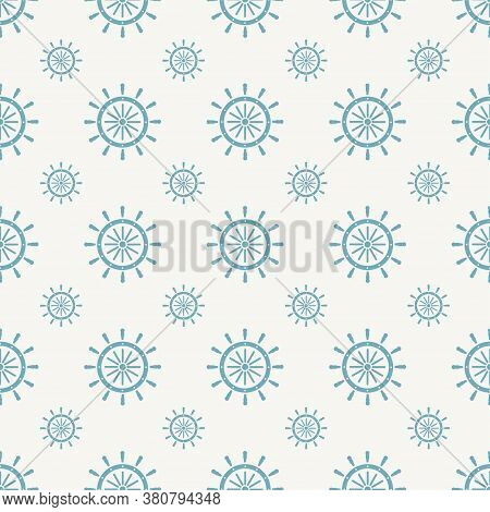 Blue Ship Steering Wheel Icon Isolated Seamless Pattern On Gray Background. Vector