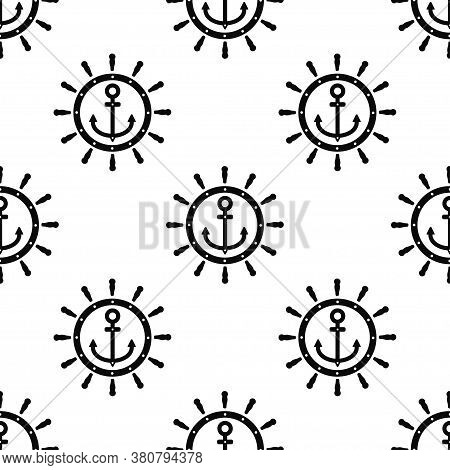 Black Ship Steering Wheel And Anchor Icon Isolated Seamless Pattern On White Background. Vector
