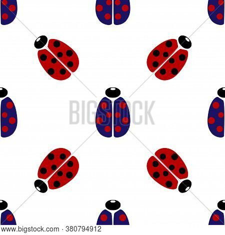 Blue And Red Coccinellidae Icon Isolated Seamless Pattern On White Background. Vector