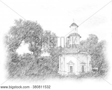 Pencil drawing of White Chapel of the Pyatnitsky well with holy spring inside. Russia, Sergiev Posad. Old Russian architecture. Computer generated