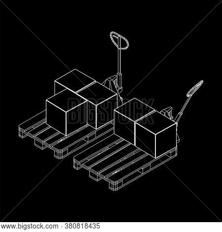 Hand Pallet Jack Lift With Pallet And Stacked Goods Cardboard Boxes. Manual Forklift. Logistics Ship