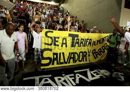 Salvador, Bahia / Brazil - January 7, 2015: Members Of The Tarifa Zero Movement Act Against The Incr