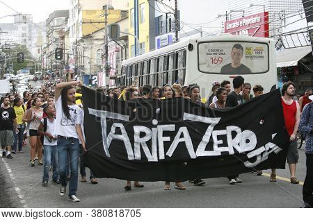 Salvador, Bahia / Brazil - January 7, 2015: Members Of The Tarifa Zero Movement Act Against The Incr