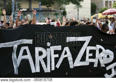 Salvador, Bahia / Brazil - January 7, 2015: Members Of The Tarifa Zero Movement Act Against The Incr