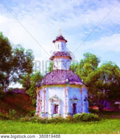 Color painting of White Chapel of the Pyatnitsky well with holy spring inside. Russia, Sergiev Posad. Old Russian architecture. Computer generated