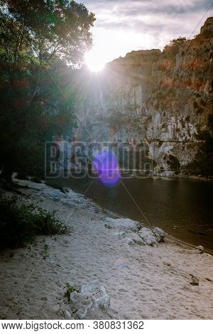 Ardeche France, View Of Narural Arch In Vallon Pont Darc In Ardeche Canyon In France