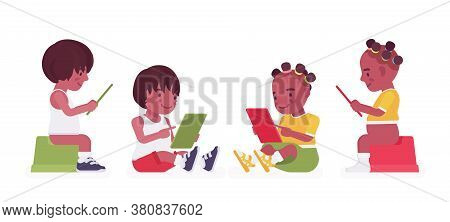 Toddler Children, Black Little Boy And Girl Sitting On A Potty, Watching A Tablet Device. Cute Sweet
